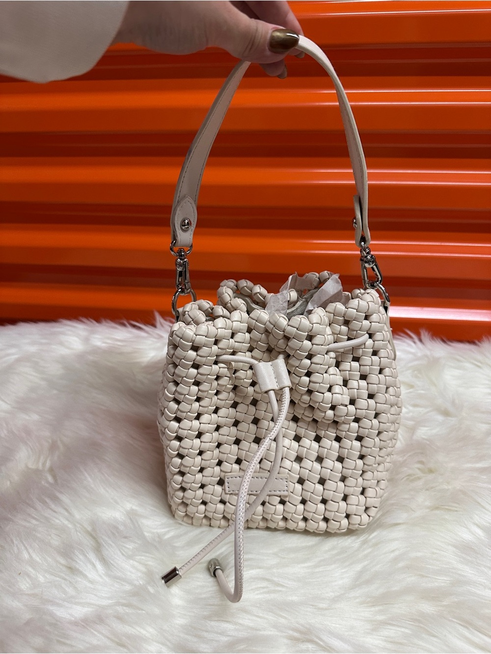 Woven Drawstring Bucket Bag - Cream